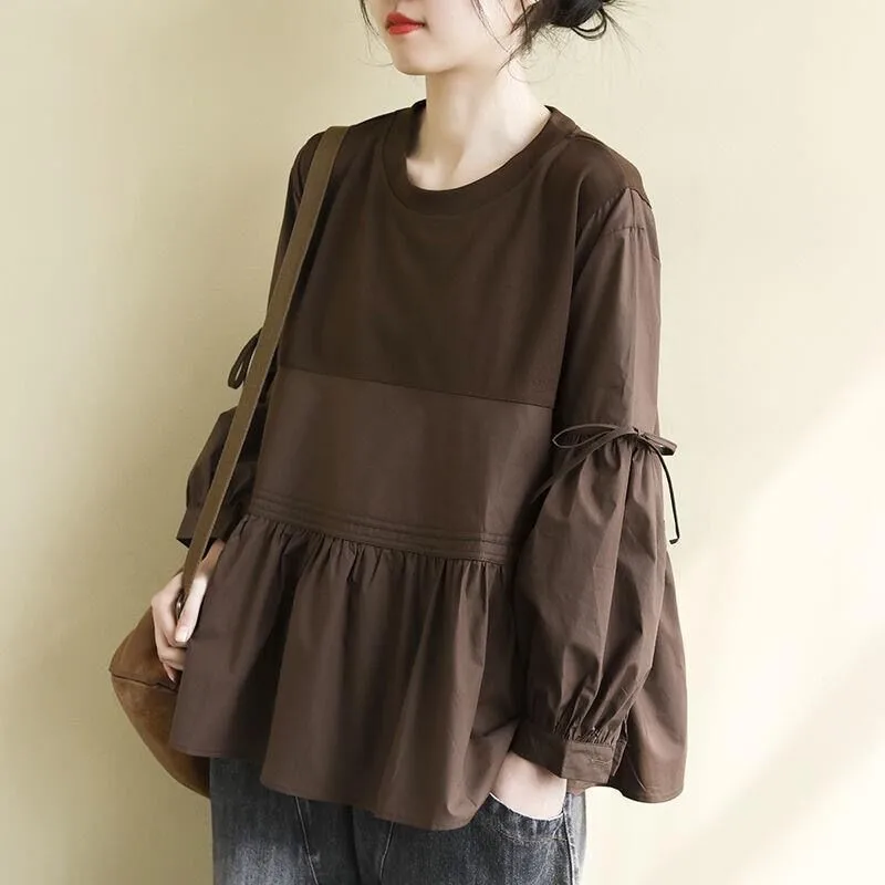 

plus Size Women's Long Sve Loose Spliced T-irt Faionable Age-Defng Belted Doll irt Top Cotton Color Commute ...