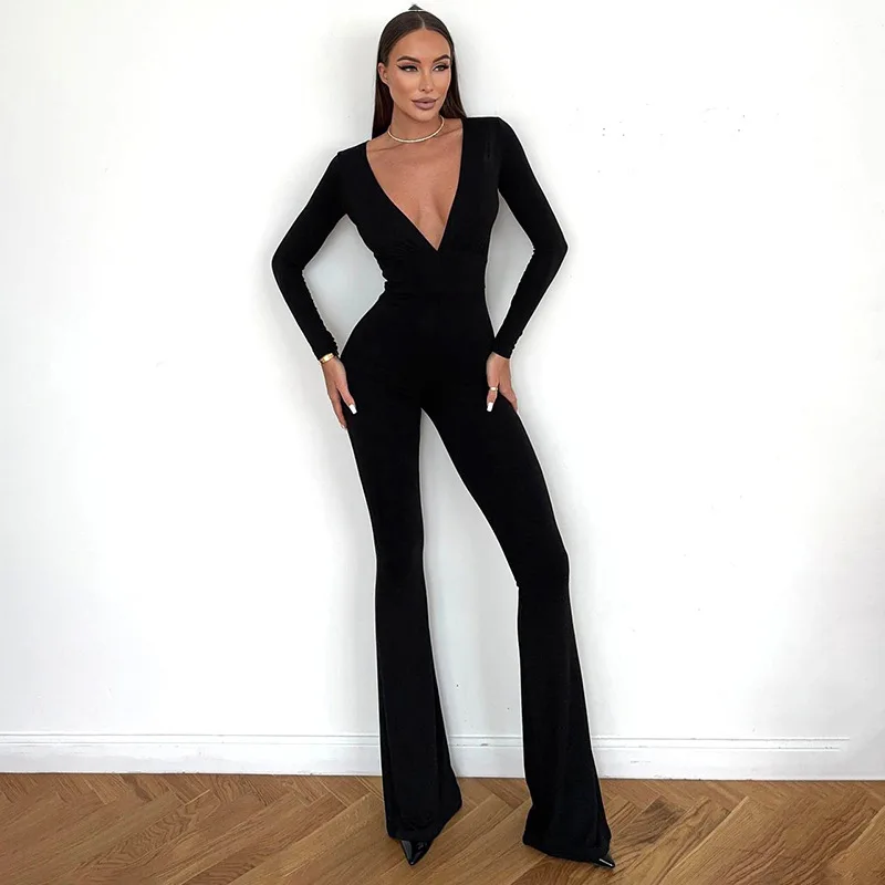 

Ele Slim Fit Long Sve Velvet Jumpsuit Autumn New Arrival Cross-Border Women's Faion Low Waist Wide Leg Pants