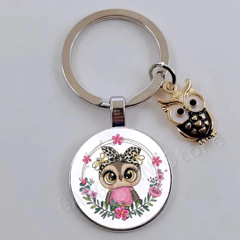 Cartoon cute owl keychain with big eyes cute animal owl glass convex keychain for men and women car bags pendant jewelry