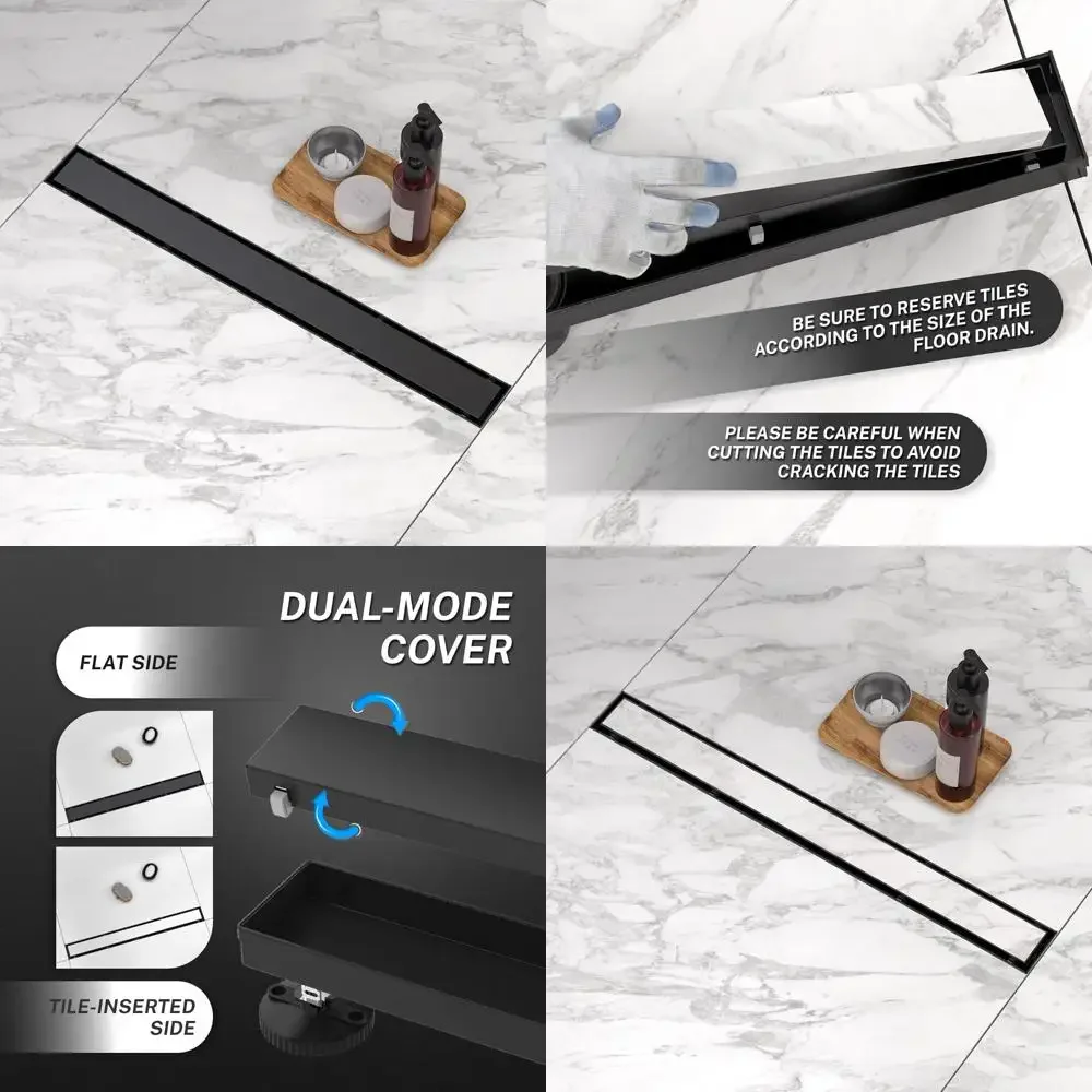 

Stainless Steel Linear Shower Drain, 30 Inch Trench Drain with Dual Flat and Insert Covers, Rectangular Design for Modern Bathro