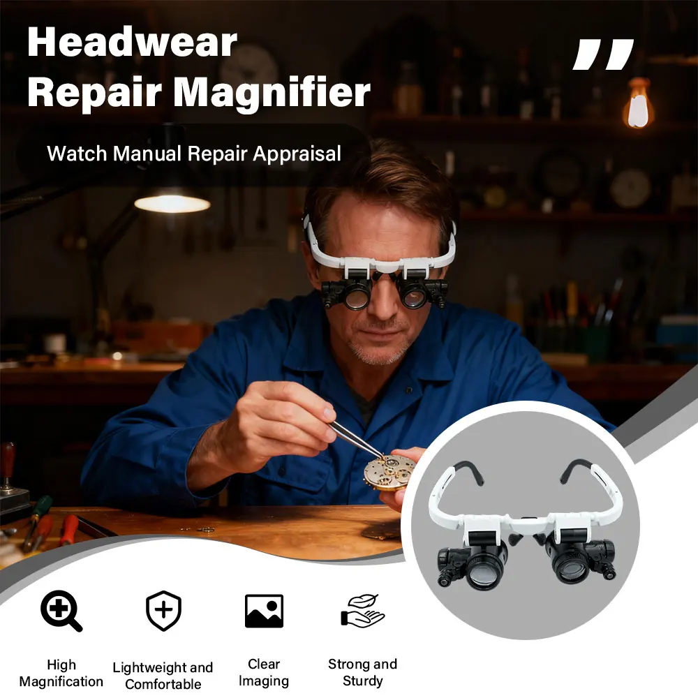 Head-mounted 2LED Adjustable Magnifying Glass 8X 15X 23X with Detachable Lens for Manual Carving & Watches Jewelry Maintenance