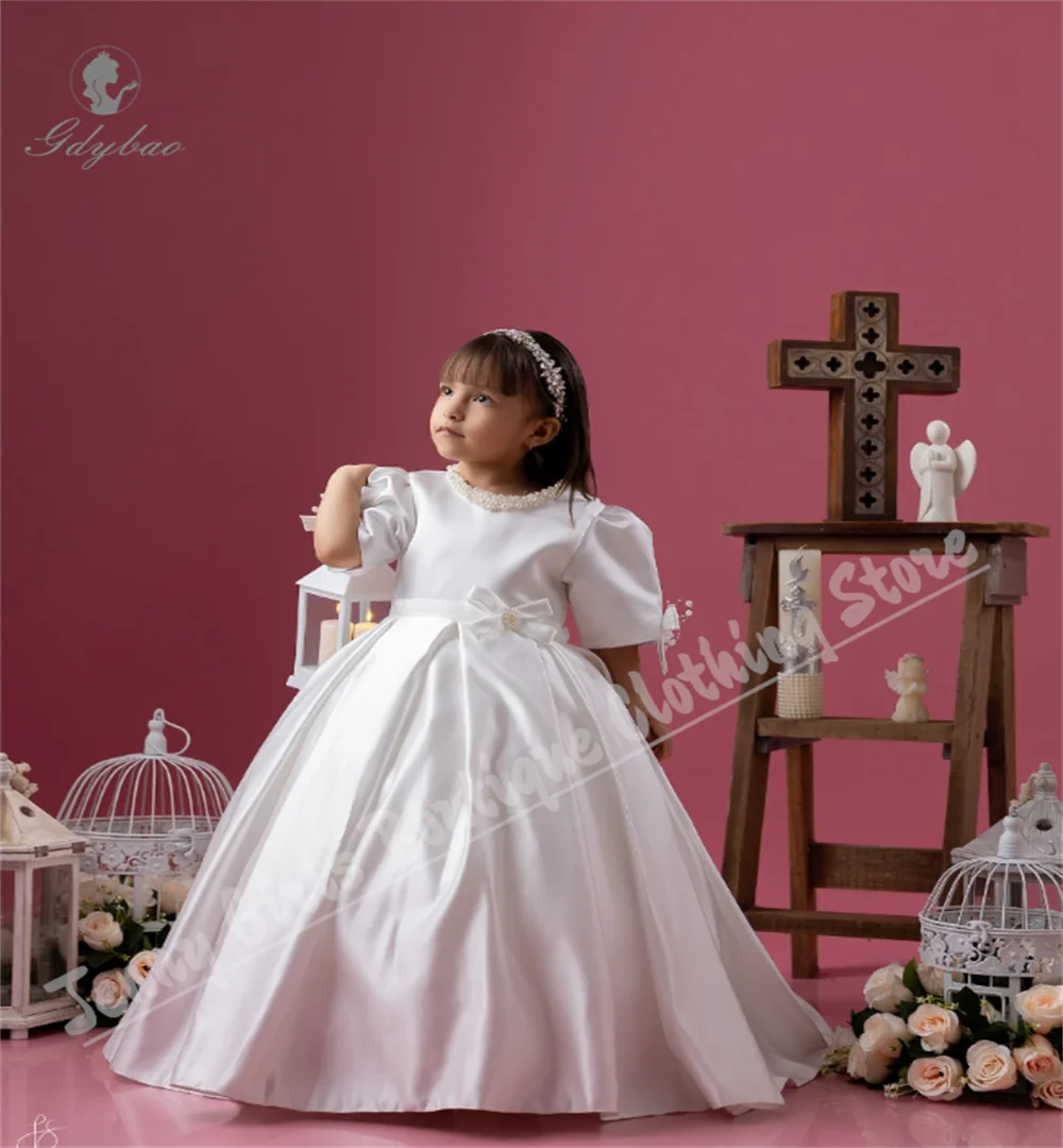 

Милое белое атласное детское платье с цветочным узором для девочек, свадебное пышное платье с жемчужным вырезом и бантом на манжетах, платье на день рождения, изготовление на заказ