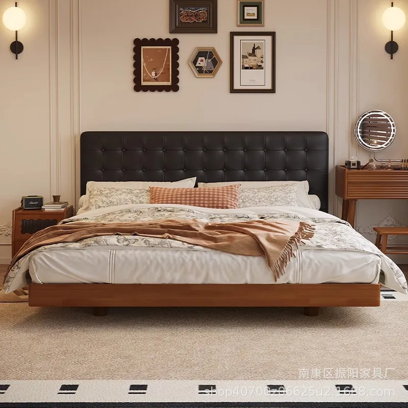 Medieval retro solid wood bed 1.5m master bedroom bed 1.8m full oak black waffle soft leather double bed