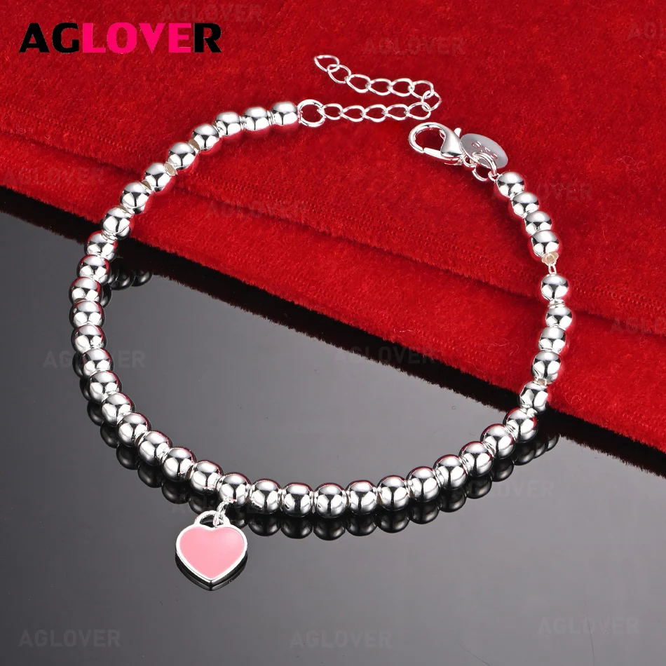 

AGLOVER 925 Sterling Silver 6mm Round Bead Chain Pink Love Pendant Bracelet Cute Charming Woman Birthday Gift Jewelry
