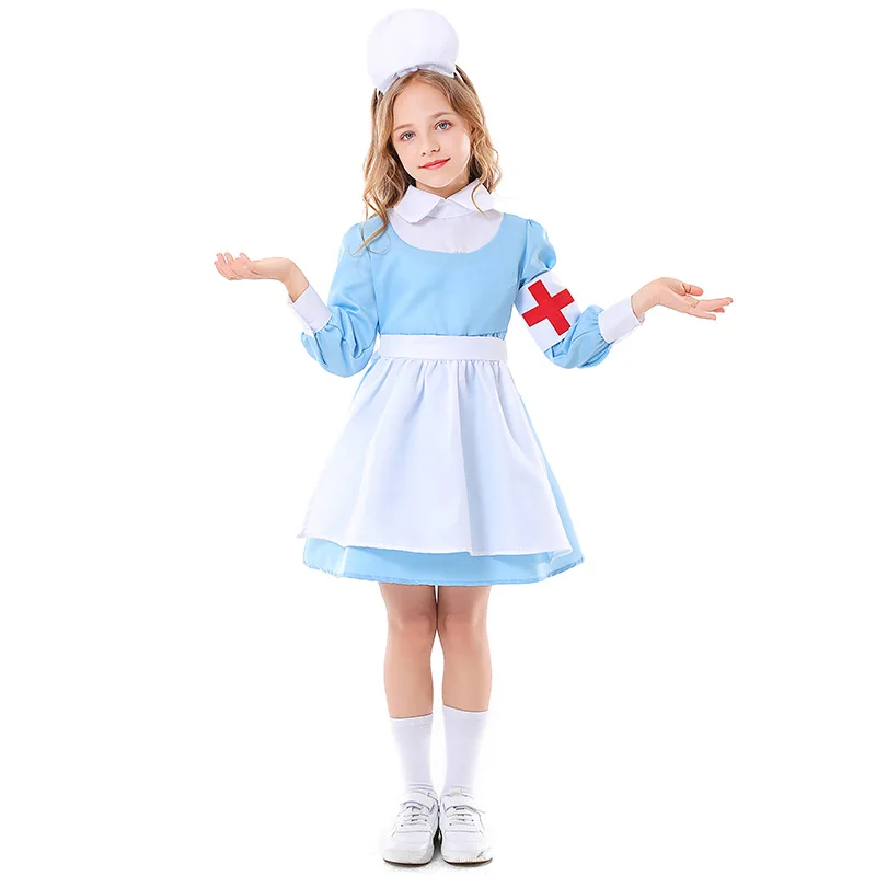 Nurse Cosplay Costume for Children Apron Maid Nurse Uniform Girl Carnival Party Performance Costume Set Cute Halloween Dress