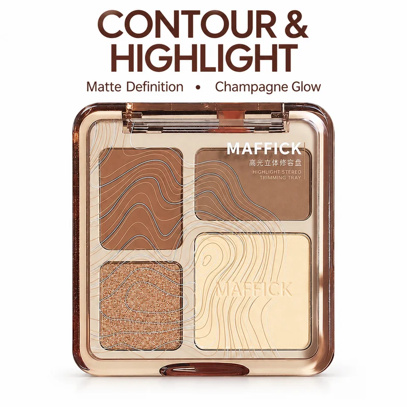 MAFFICK 4-Color Contour Highlighter Palette Matte & Shimmer Face Powder Makeup Compact for Sculpting, Brightening & Natural Glow