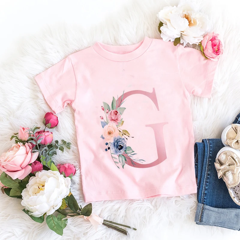 New Pink Flower Letter A B C D Children T-shirt Kawaii T Shirt Anime Cartoons Casual Clothes Kid Girl Boy Short Sleeve Top Tee