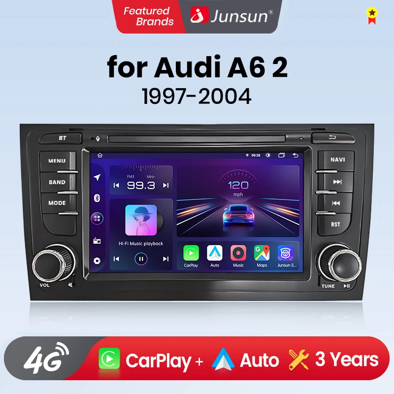 Autoradio Junsun avec CarPlay sans fil pour Apple et Android Auto pour Audi A6 C5 1997-2004 S6 RS6 4G, GPS multimédia 2din