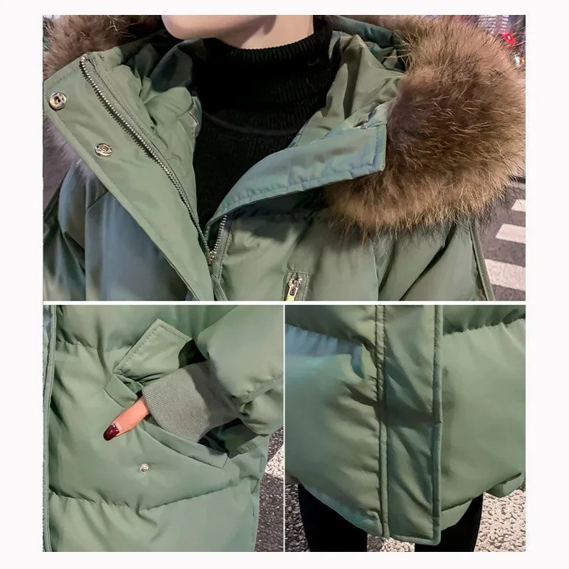 Engrossar casaco 2024 novo inverno coreano solto para baixo jaqueta de algodão feminino quente com capuz parka casaco feminino sólido casual casacos longos