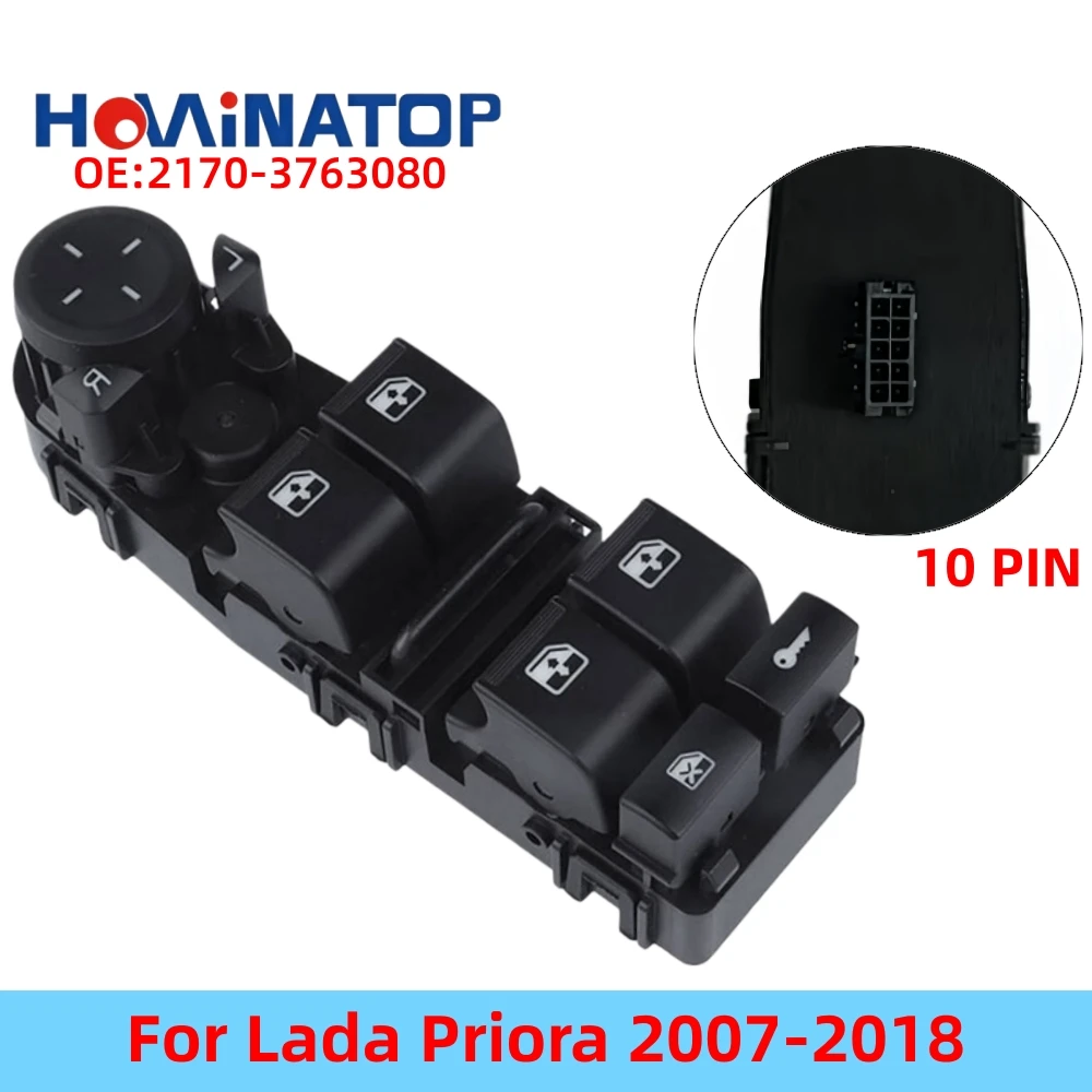 HOWINATOP 2170‑3763080 10 Pin Power Window Master Switch White Backlight For Lada Priora 2007‑2018 OEM Replacement