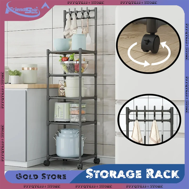 Kitchen Storage Rack with Wheels Microwave Oven Pot Rack Floor Standing with Hooks Multilayer Seasoning Kitchen Storage Shelves