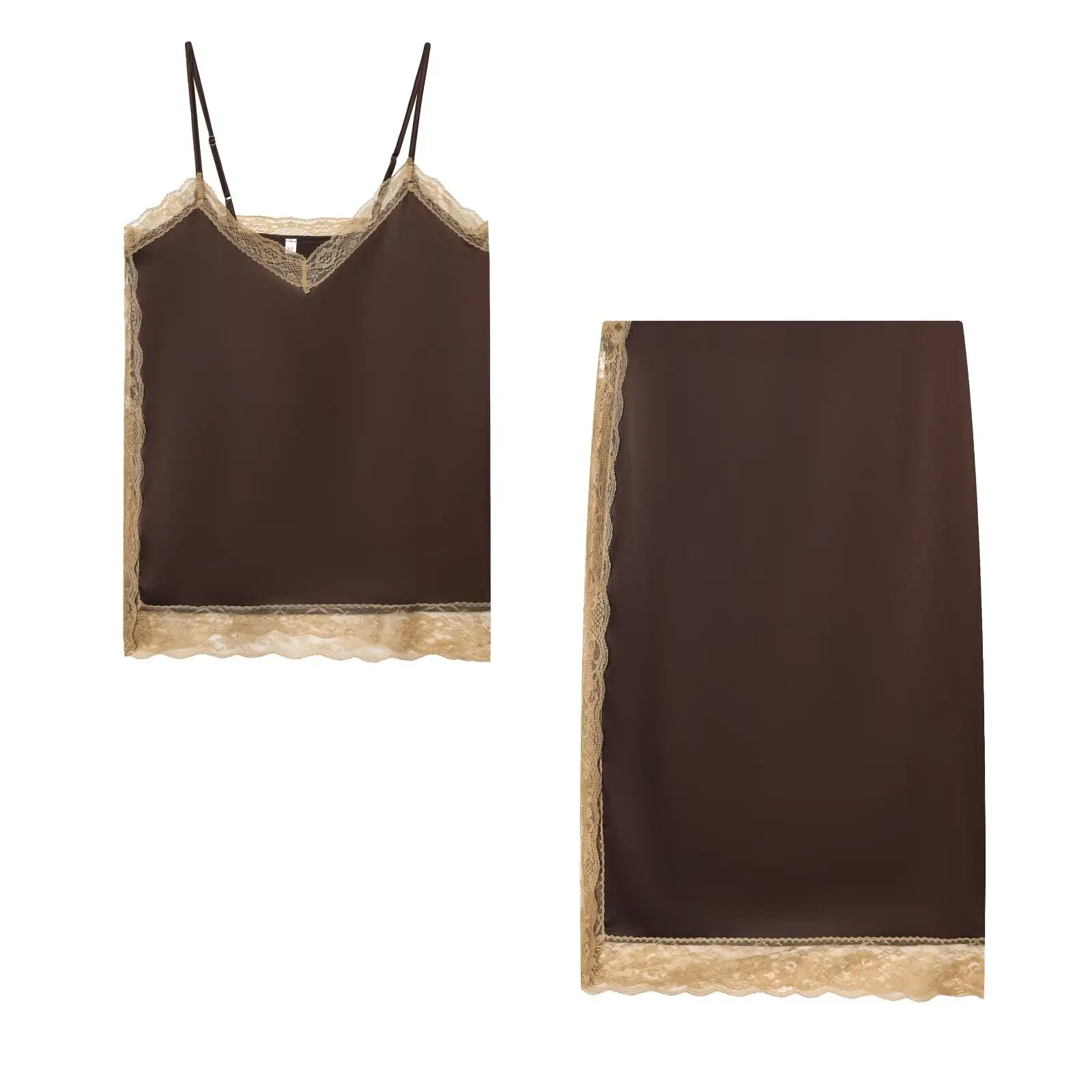 

DiYiG женщина 2025, зима, новая мода, шелковый атлас, текстура, кружевная строчка, топ на подтяжках, шикарная прямая юбка на молнии сбоку, комплект Mujer