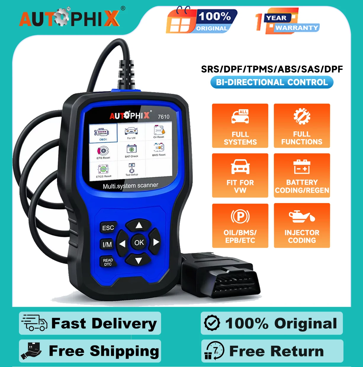 Autophix 7610 OBD2 Auto Automotive Scanner Diagnostic Tool with ABS SAS Airbag Oil EPB DPF TPMS Reset OBD2 Full System Tester