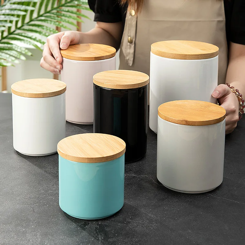 500/800/1900ml Ceramic Food Storage Containers Coffee Bean Storage with Bamboo Lid Kitchen Storage Container Kitchen Organizer