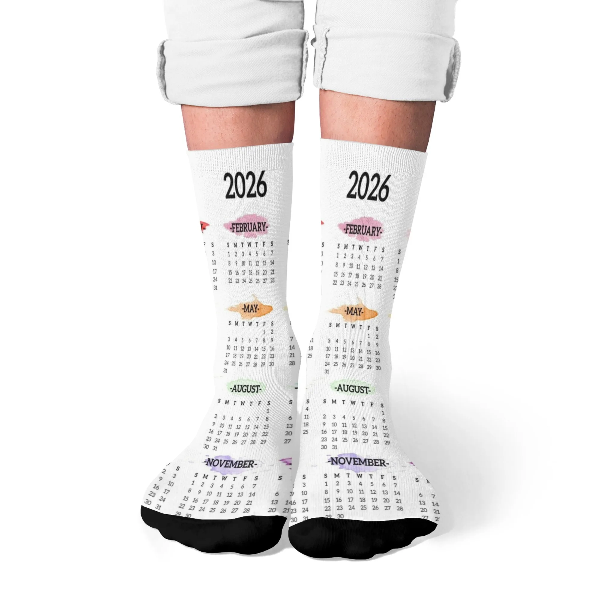 Kreative Socken mit mittlerer Wade, Kalenderdruck, weich und atmungsaktiv, geeignet für alle Jahreszeiten, ideal als lässiges Accessoire für Weihnachtsgeschenke