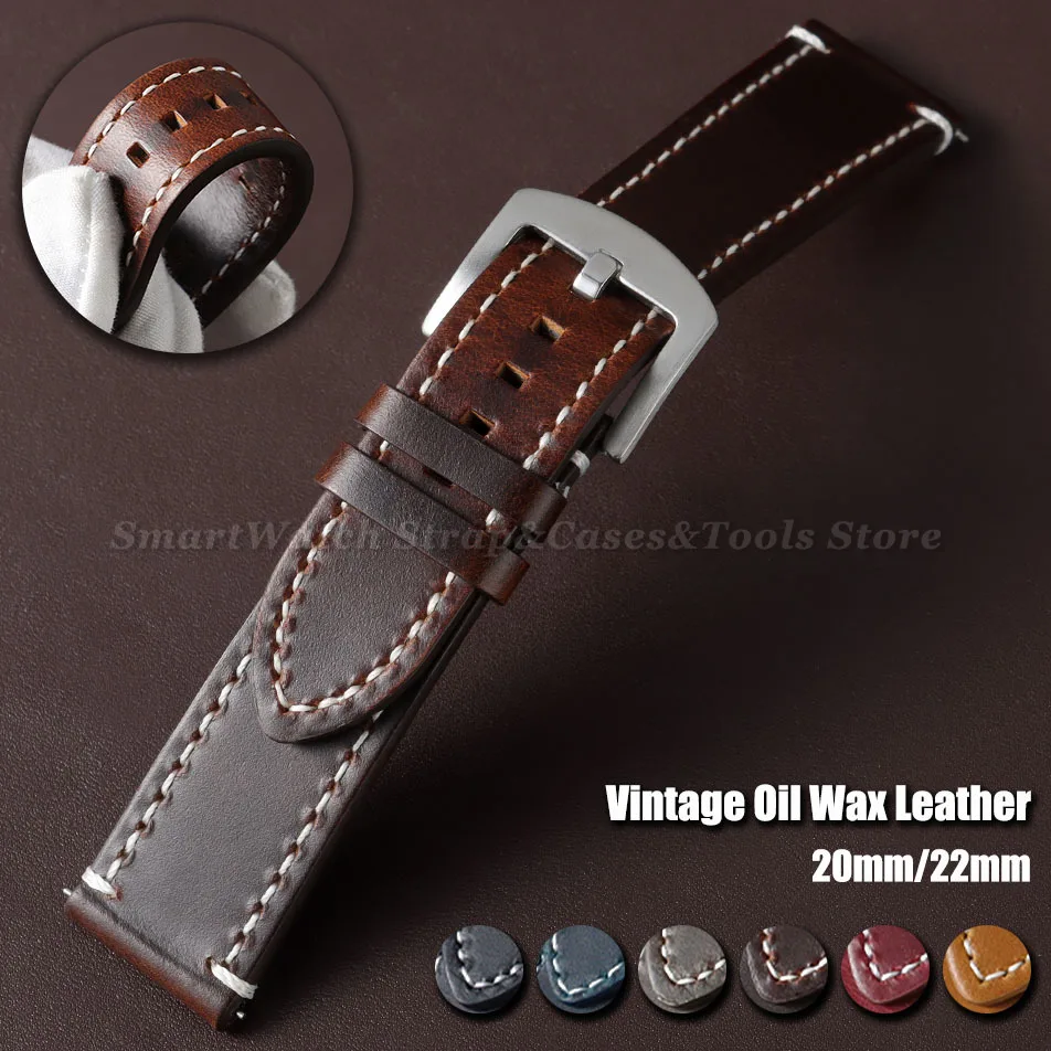 

20mm 22mm Vintage Brown Oil Wax Leather Watch Bands Thick Stitched Cowhide Watchband for Men Quick Release Business Watch Strap
