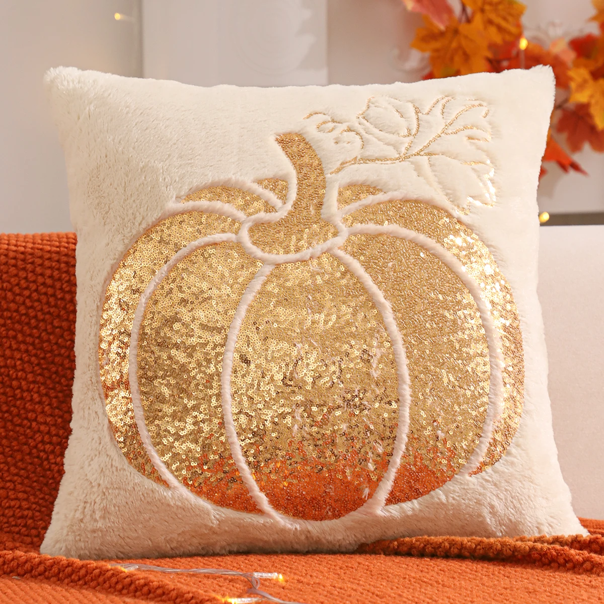 1 PC Halloween Decoration Throw Pillow Cover Pumpkin Gold Sequin Embroidery Plush Autumn Thanksgiving Harvest Home Living Room