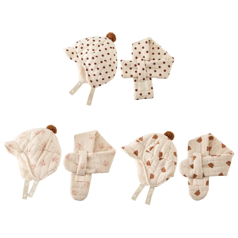 

2 Piece Winter Baby Ear Flap Hat And Scarf Set Warm Cotton Polyester For Kids 15UB