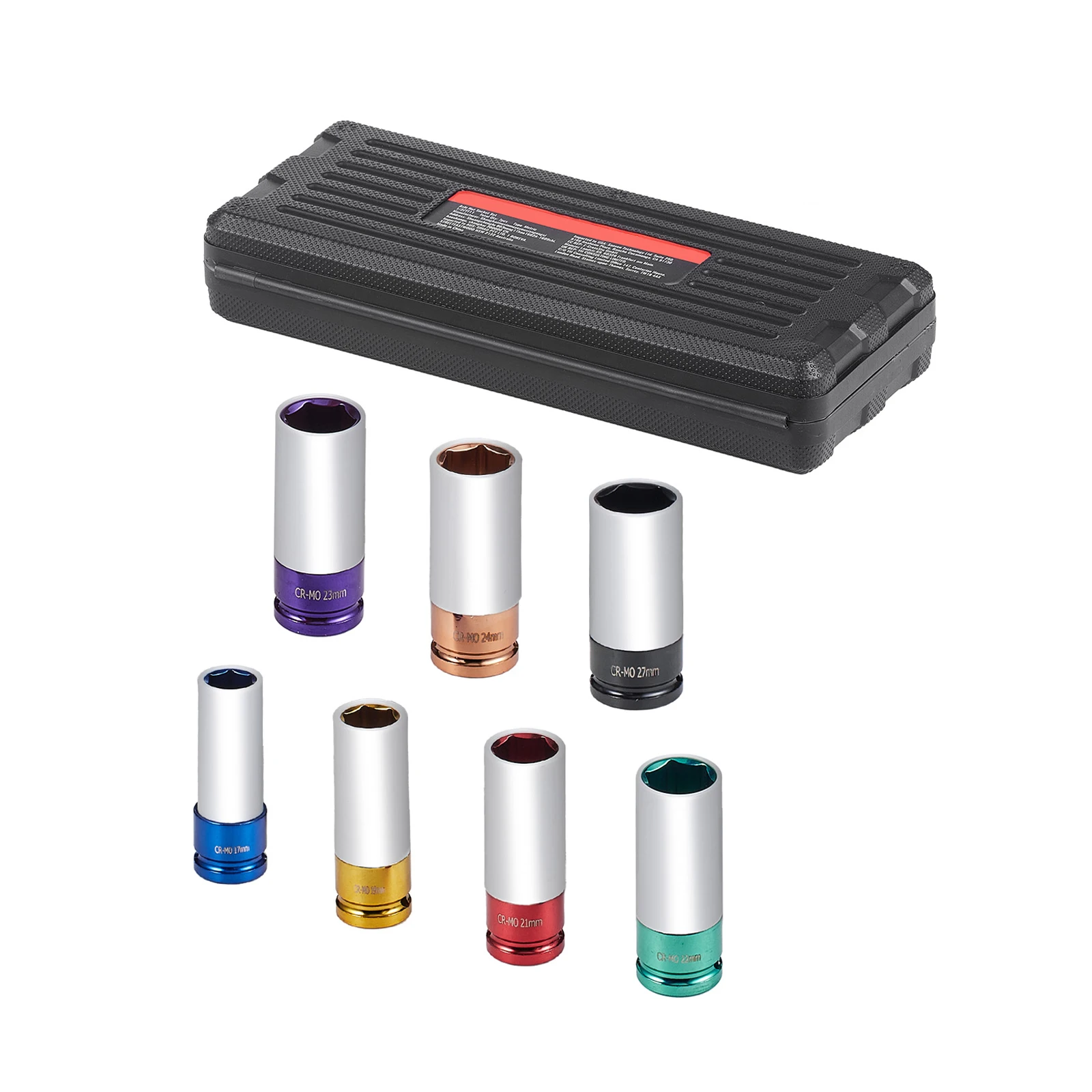 Lug Nut Impact Socket Set, 1/2 inch Drive Metric 6-Point Deep Socket Set, 7 Total Lug Nut Sizes 17/19/21/22/23/24/27mm, CR-MO Steel Wheel Socket Set with Storage Case, Designed for Auto Repair