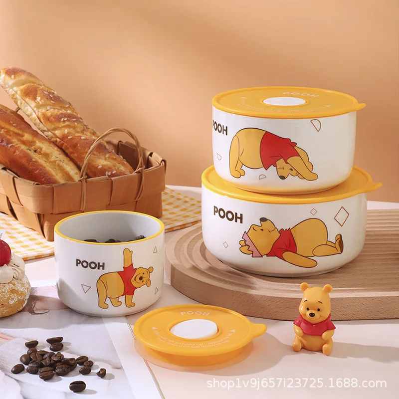 

Disney Anime Winnie the Pooh Cartoon Tableware Ceramic Bowl with Cover Microwave Soup Bowl Thickened Student Lunch Box Gifts