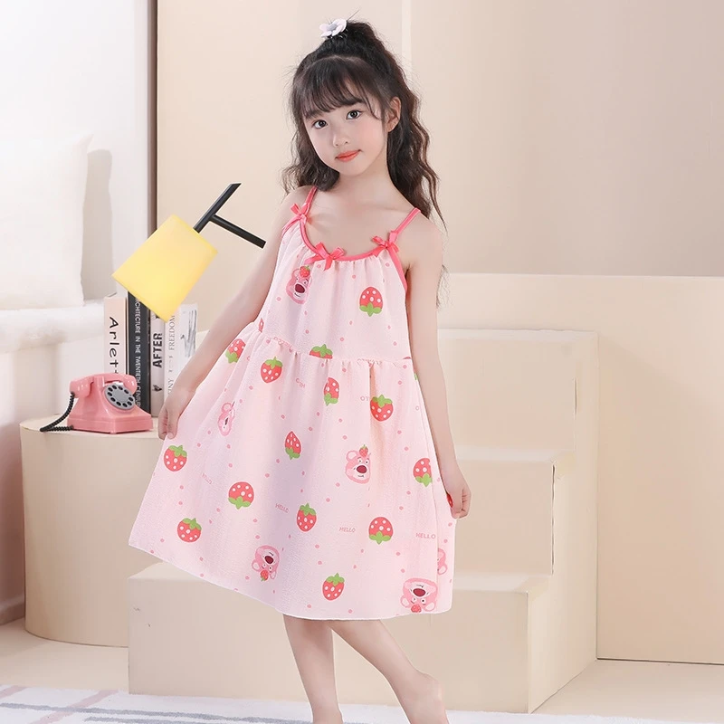 

Girls Thin Bubble Cotton Halter Dress Summer Children's Cute Print Sleepwear Soft Breathable Pajamas HomeWear 90-155cm
