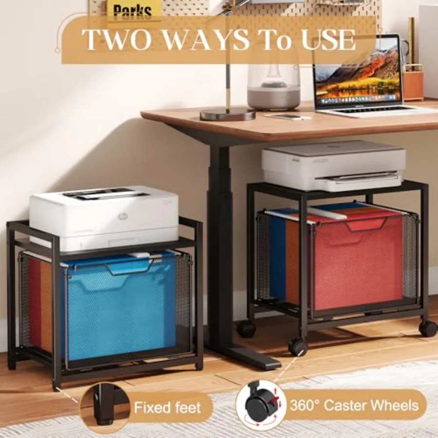 Under Desk Storage, Printer Stand with Drawer, Rolling File Cabinet with Adjustable Table Top, 2 Tier Industrial Shelf on Fixed