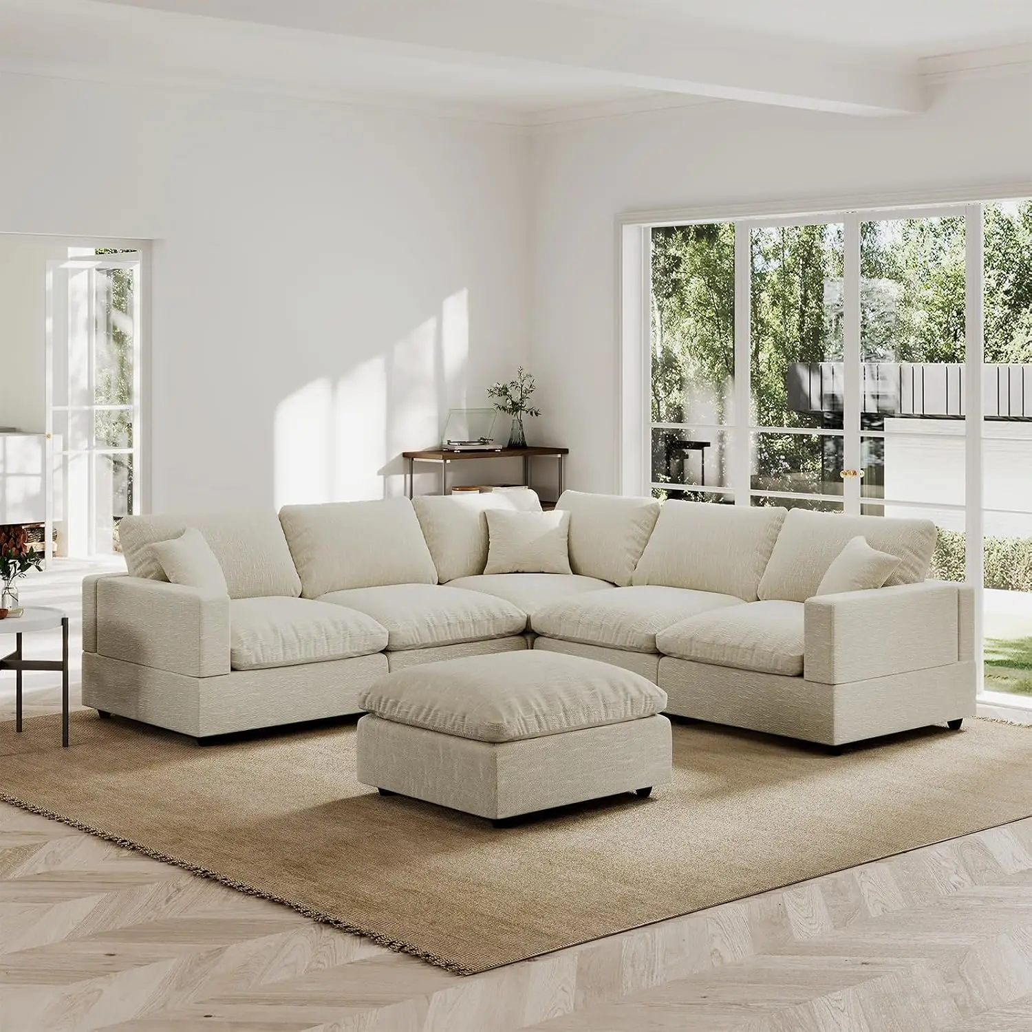 Modern Sectional Linen Couch for Living Room V-Shape Sofas,6 Seat Modular Cloud Sofas with Ottoman,Couches Cushion, Customized