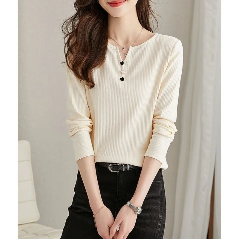 Spring and Autumn Women\'s Pullover V-neck Solid Rivet Screw Thread Long Sleeve T-shirt Underlay Fashion Casual Elegant Tops