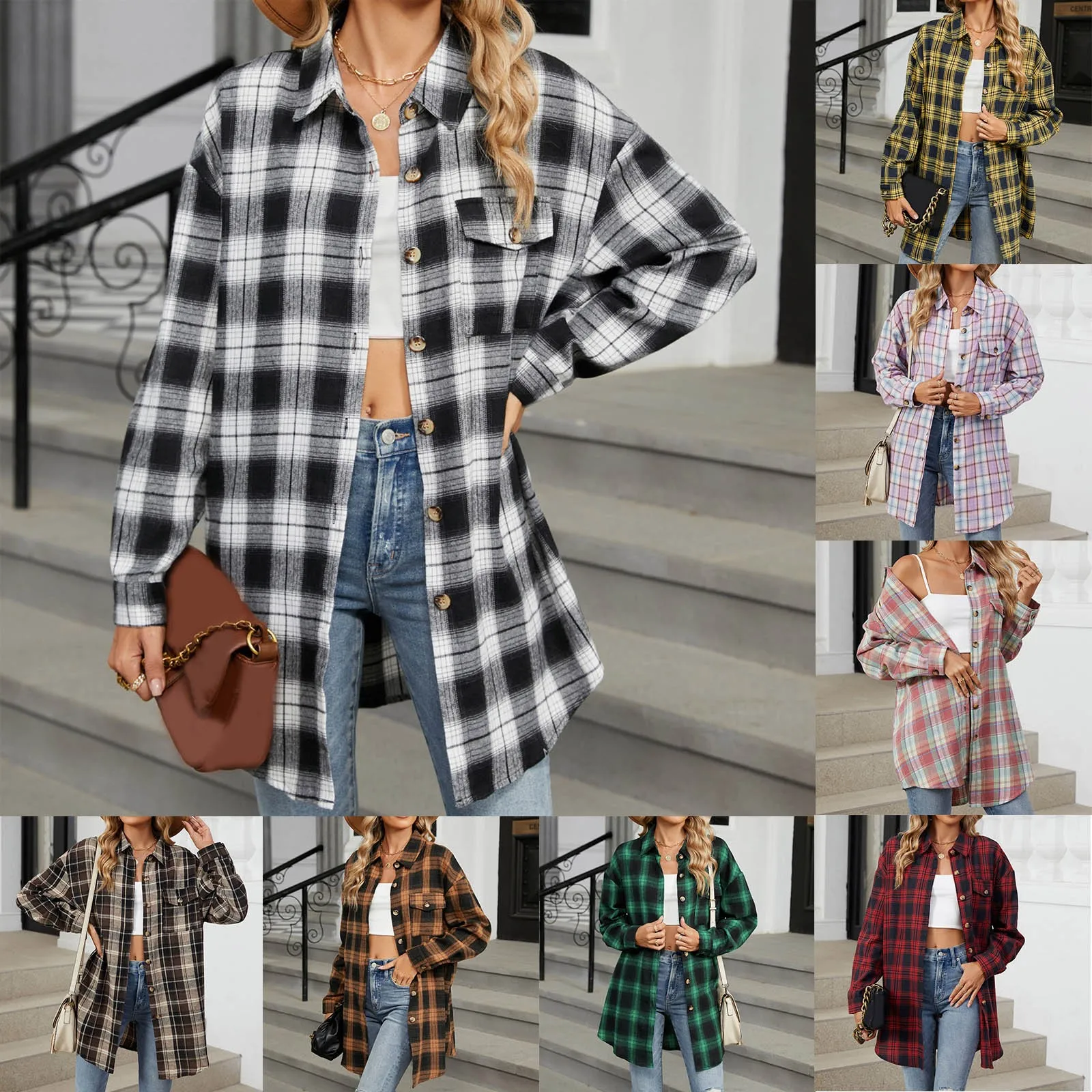 Women’s Casual Plaid Flannel Shacket Jacket Oversized Button Down Long Sleeve Fall Shirt Basic Shirts Tees Female Clothing