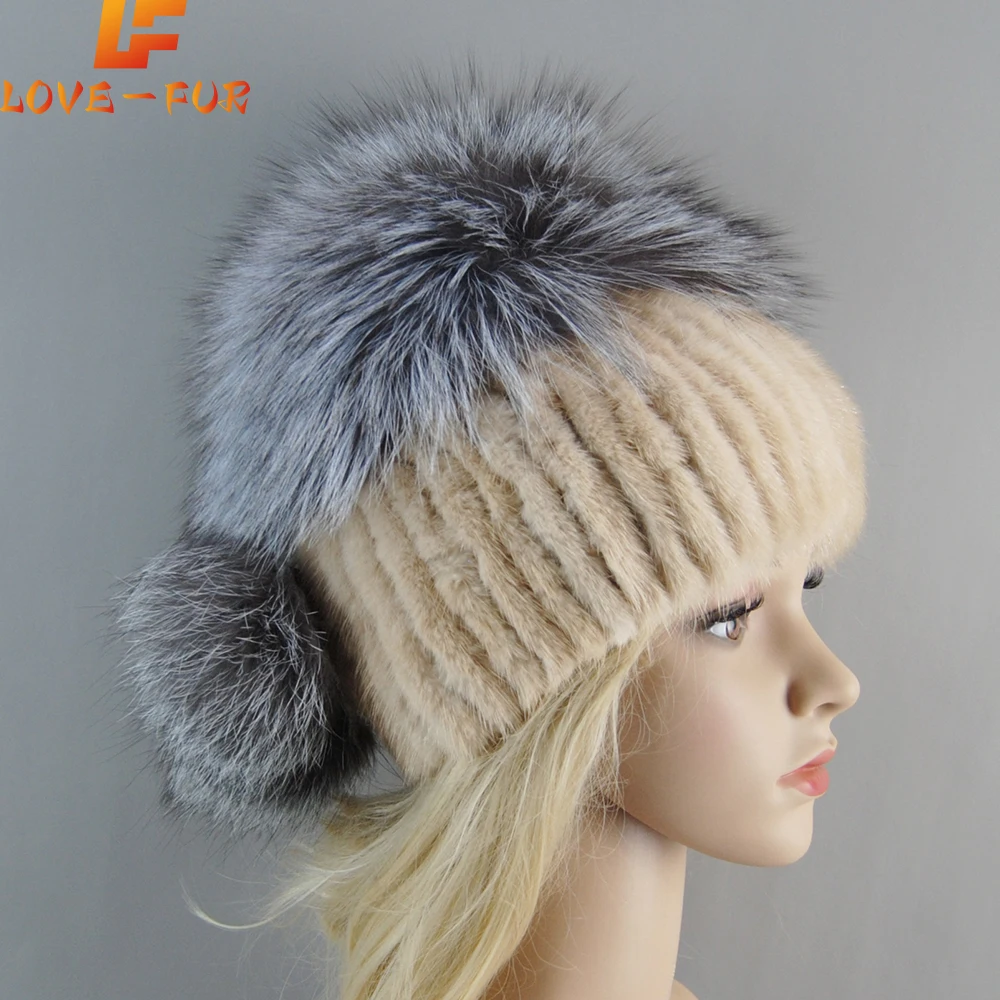 

2025 Knitted Mink Fox Fur Cap Female Warm Hat Cap Silver Fox Part More Fashion Brand New Female Mink Fur Hat Women Winter Hat