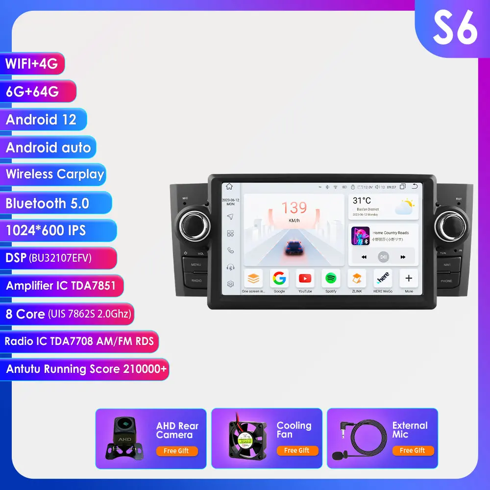 OSSURET 1Din 8G 128G Carplay Android 14 autoradio voor FIAT Grande Punto Linea 2007-2012 GPS multimediaspeler navigatie 7862