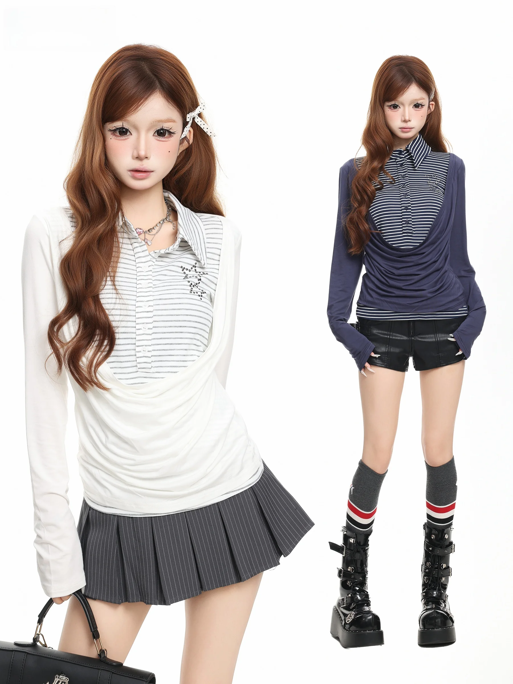 BASTERDS Korean Style Long Sleeve Stripe Waist-Cinching Shirt Women's Autumn Design Sense Pleated Top Slimming Effect