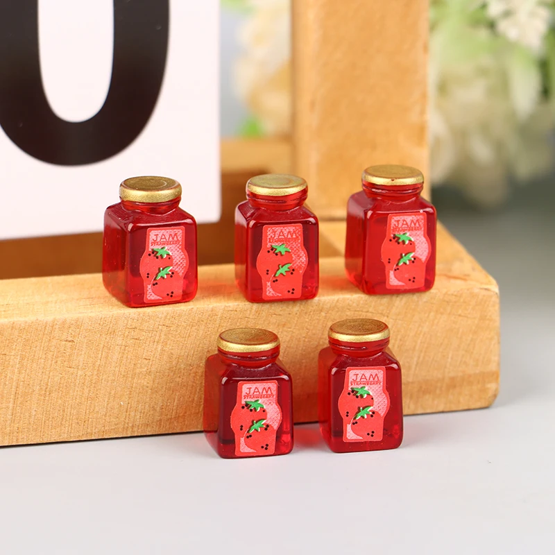 5Pcs 1/12 Dollhouse Strawberry Sauce Jam Jar Dollhouse Miniature Kitchen Food Accessories Dolls House Decorations Toys