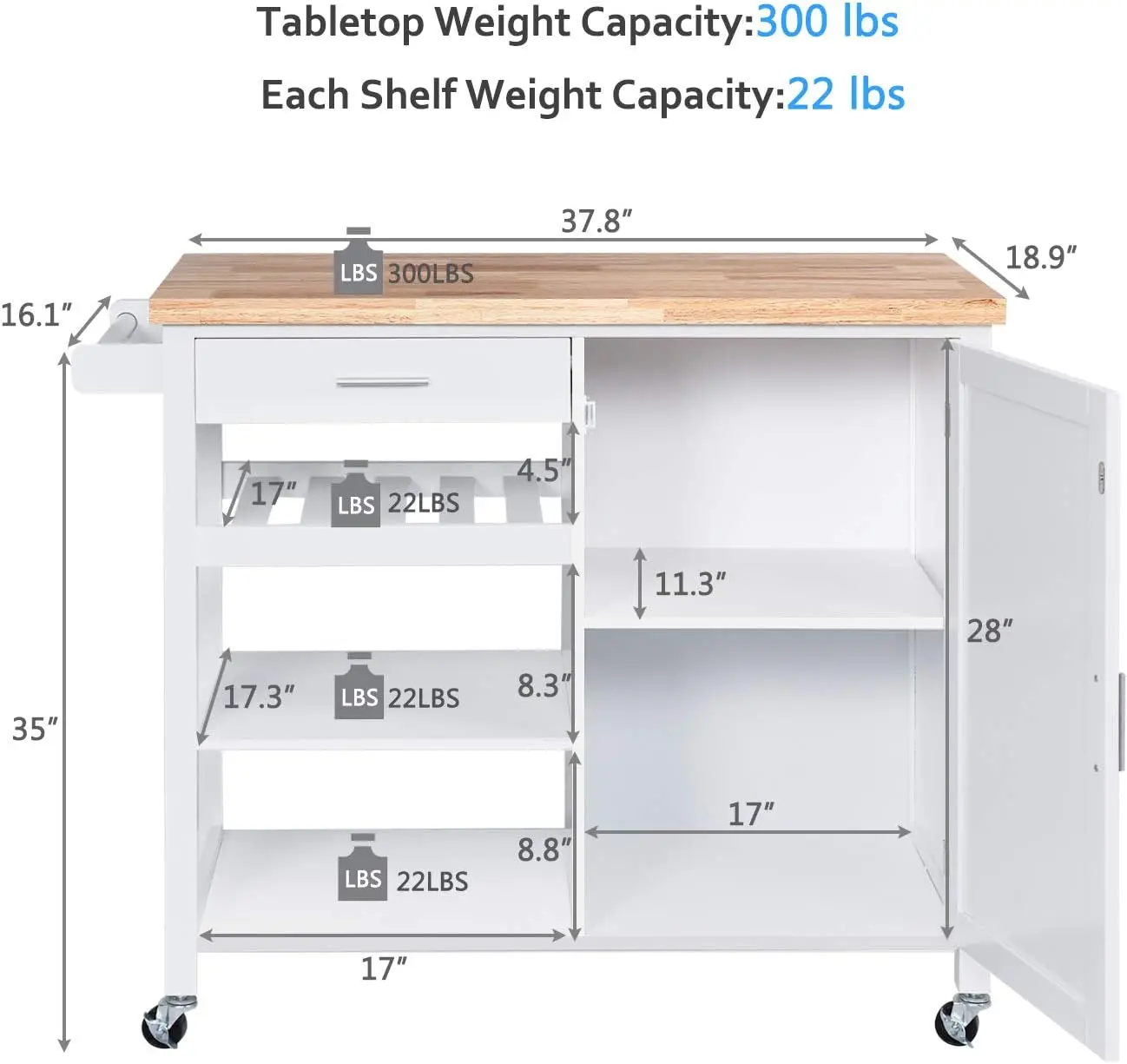 Wood Kitchen Island Cart on Wheels, Modern White Rolling Kitchen Island with Storage Cabinet Home Bar Utility Serve Trolley Cart