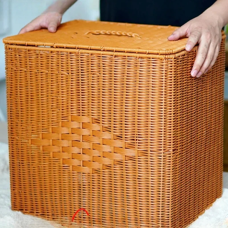 Imitation rattan rectangular covered storage box, dust-proof wardrobe storage box, living room book and toy storage basket,