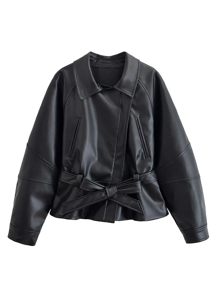 HH Women Vintage Motorcycle Jacket With Belt Faux Leather Trench Coat Long Sleeve Lapel Zipper Jacket Autumn High Street Outwear