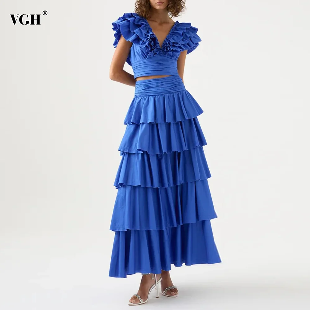 

VGH Solid Two Piece Sets For Women V Neck Butterfly Sleeve Folds Crop Tops High Waist Tierred Pleated Skirt Casual Set Female