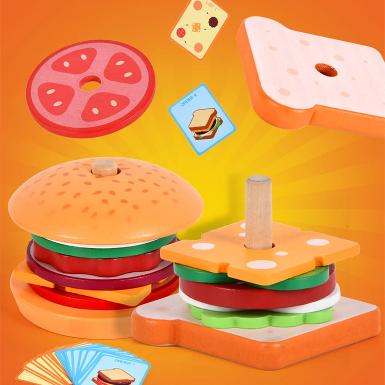 Juguetes de madera Montessori para patatas fritas, juego a juego de sándwich de Hamburgo, Mini comida, juguetes de clasificación de colores con formas sensoriales para niños