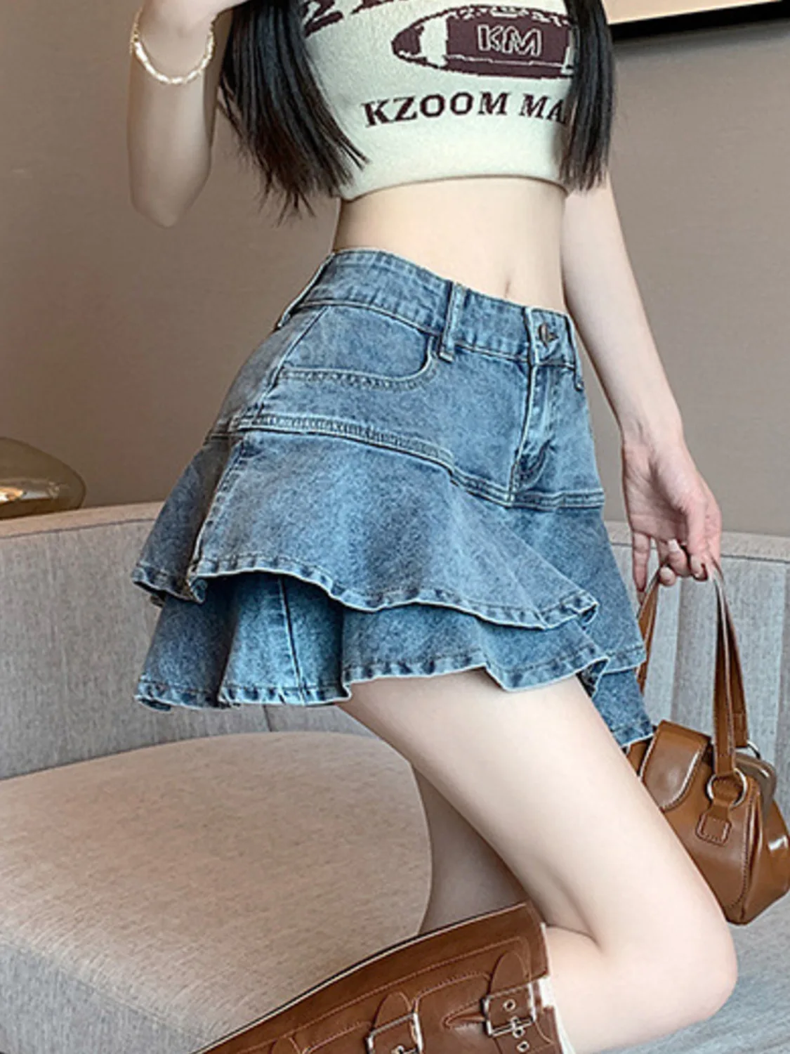 Women's Vintage Washed Denim Layered Ruffle Skort High Waist A-Line Skirt with Built-in Shorts Light Blue S-2XL view 2