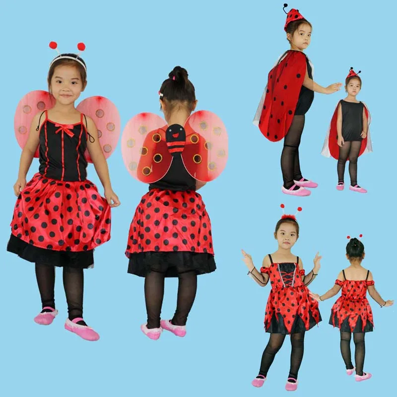 Cartoon Kids Girls Red Ladybug Cosplay Costume Ladybird Cloak Antenna Hat Wing Dress Costumes Set Birthday Party Halloween