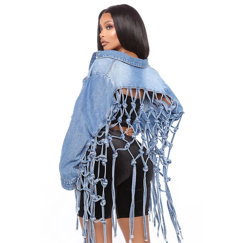 

Fashion Back Mesh Tassels Knot Splicing Jackets Women's Lapel Single-breasted Cardigan Denim Coat Female Street Style Outerwear