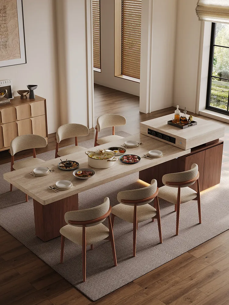 Medieval wind island dining table integrated household retractable belt induction cooker advanced rock plate island  new mod