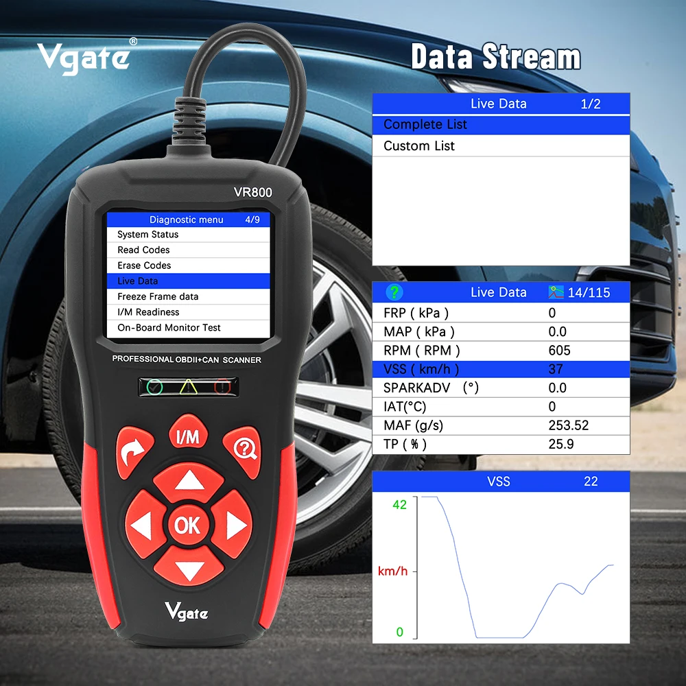 Vgate VR800-Outil de diagnostic automobile, lecteur de code de voiture, EAU OBD2, PK AS500, KW850, ELM327