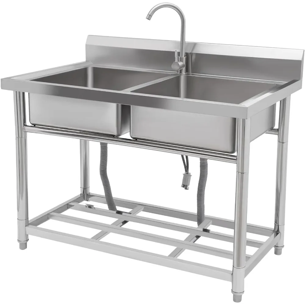 

Универсальная мойка с двойной чашей из нержавеющей стали, смесителем и подшкой, отдельно стоящая, коммерческий класс, 39,4 x 33,5 x 19,7