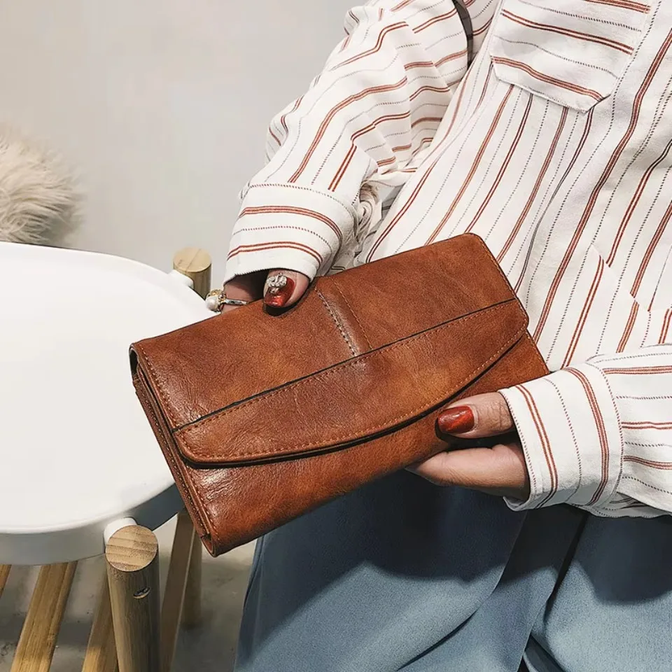 Cartera retro de tres pliegues para mujer, cartera larga de cuero PU, bolso de mano femenino con broche, bolso para teléfono, bolso para tarjetas