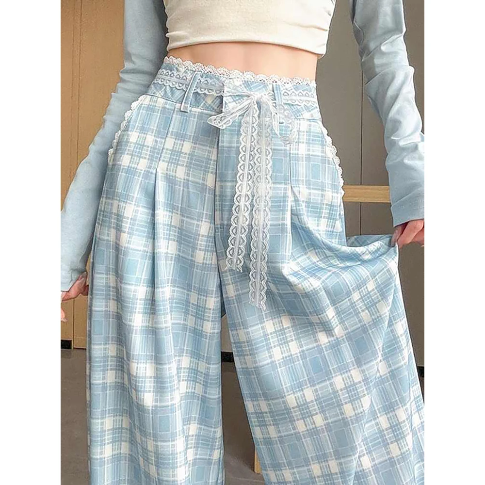 

Korean Style Lace Loose Pants for Women Spring Autumn Blue Plaid Lace-up Wide Leg Pants Female Casual Straight Slim Trousers
