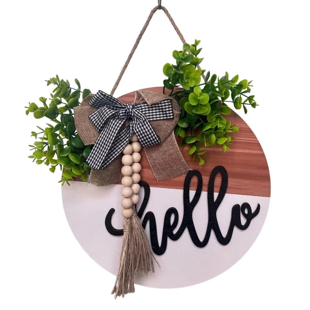 30cm 11.81in Wooden Welcome Sign Artificial Flower Plant Bowknot Door Wreath Round Shape Welcome Hello Wall Art Front Door