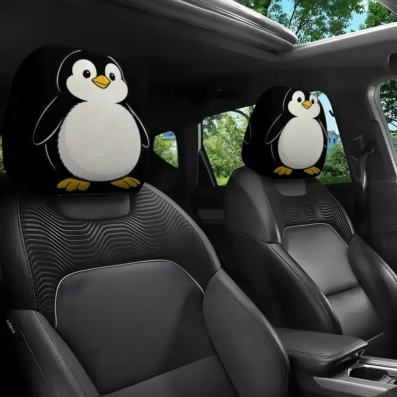 2pcs Cute Penguin Standing with A Naive Expression Print Car Headrest Cover All Season Use