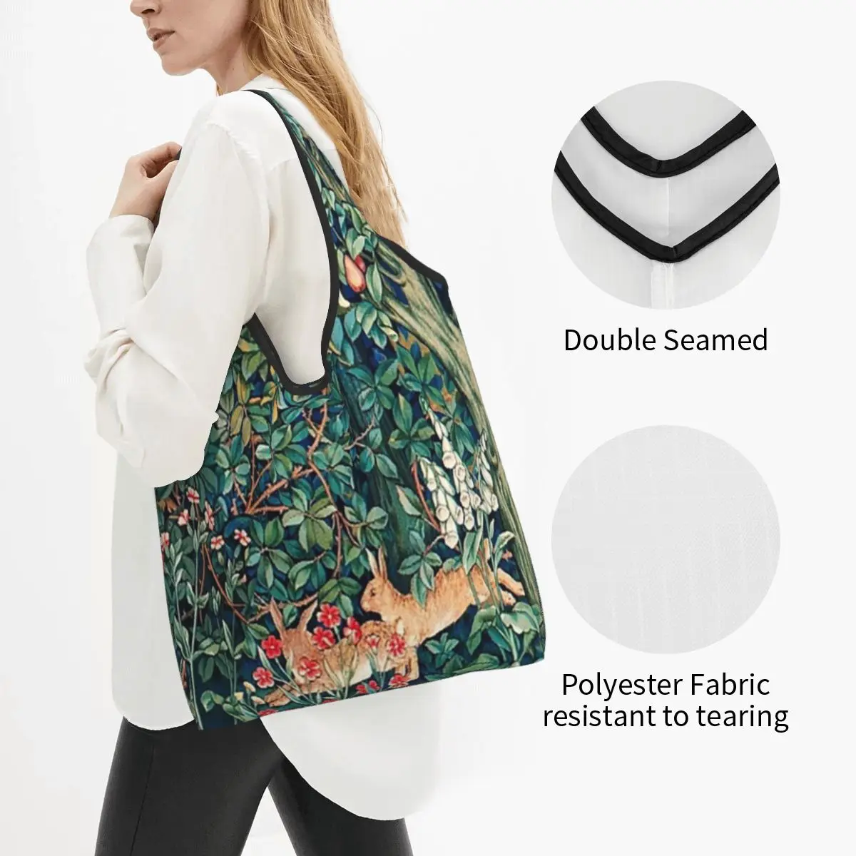 Greenery, Forest Animals Hares Blue Green Red Floral Tapestry Tote Shopping Bags Shopper Bag Groceries Handbag Shoulder Bag