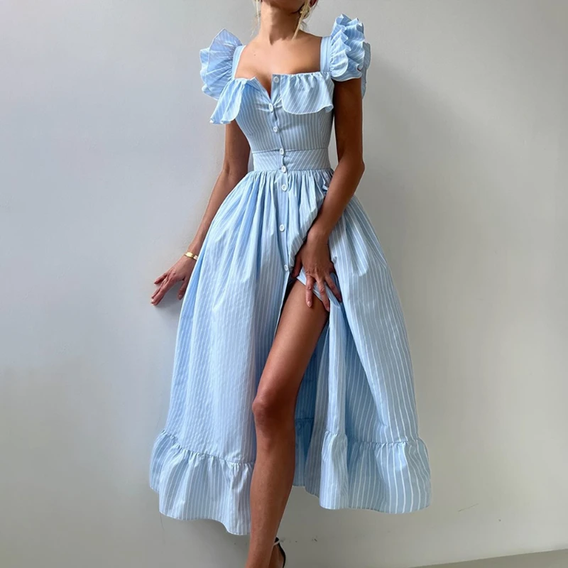 

Tornova Striped Ruffled Long Dress Women's 2026 New Summer Casual Buttons Waist-Cinching Sleeveless Dress Female Party Dress
